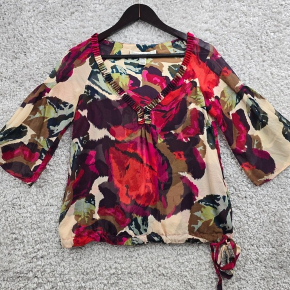 Diane von Furstenberg Top Womens 4‎ Colorful Slik 3/4 Sleeve Flare Art to Wear - Picture 1 of 11